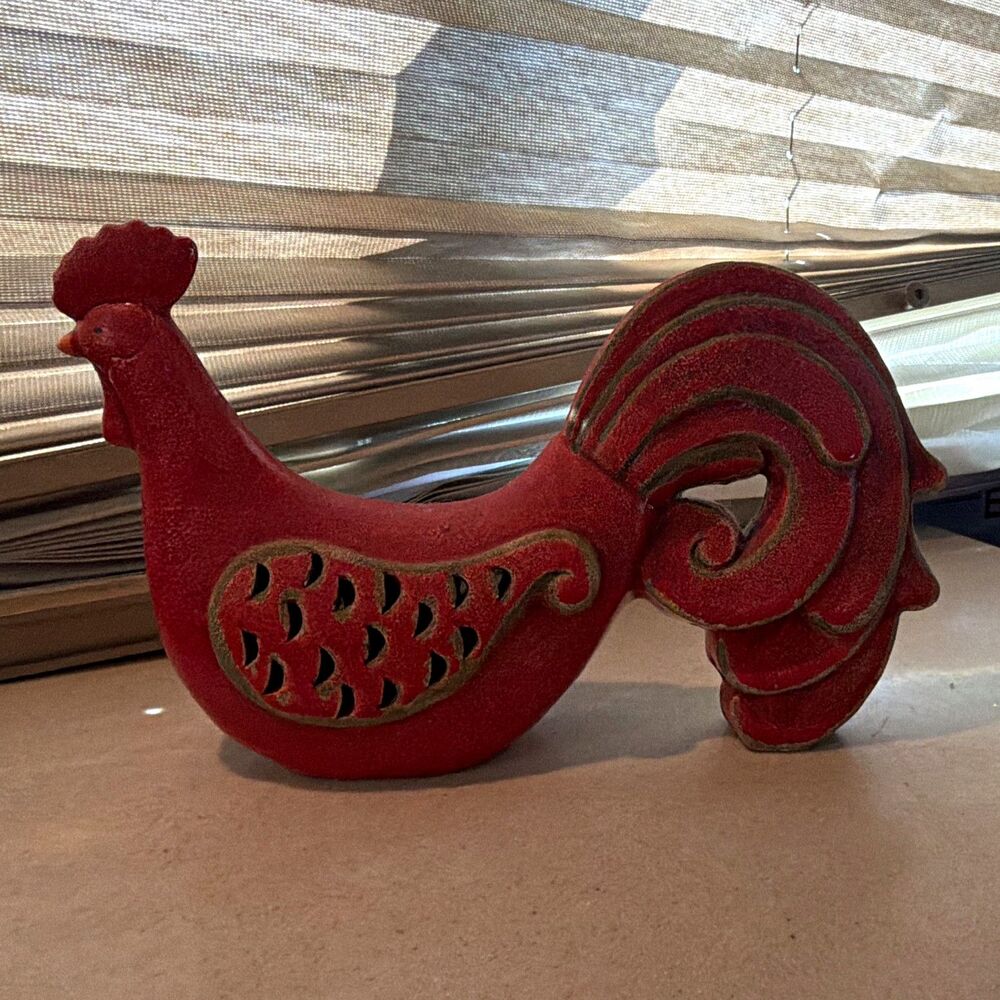 Ceramic Rooster Figurine Red & Gold Free Standing Animal Decor